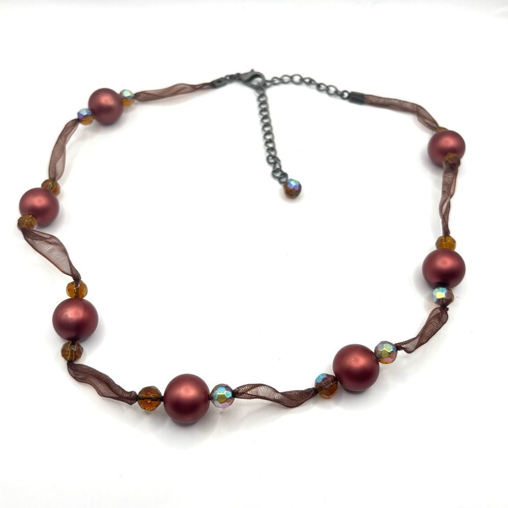 Elegant Brown Glass Beaded Ribbon Choker Necklace